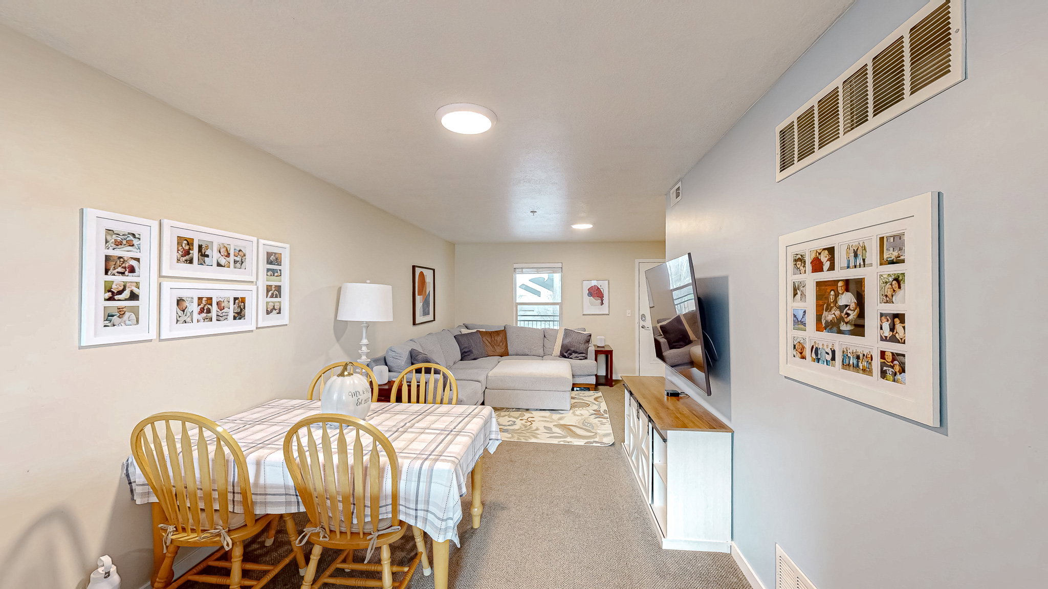View of carpeted dining space