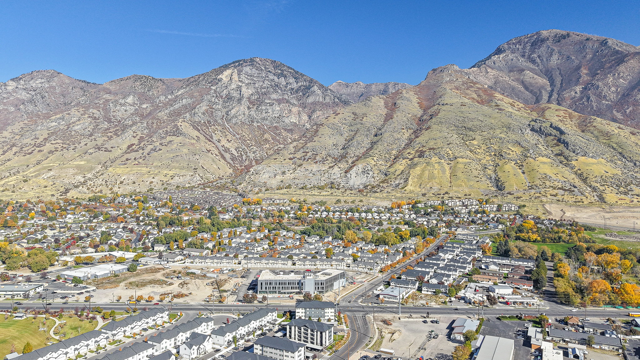 Aerial view of a mountain backdrop
