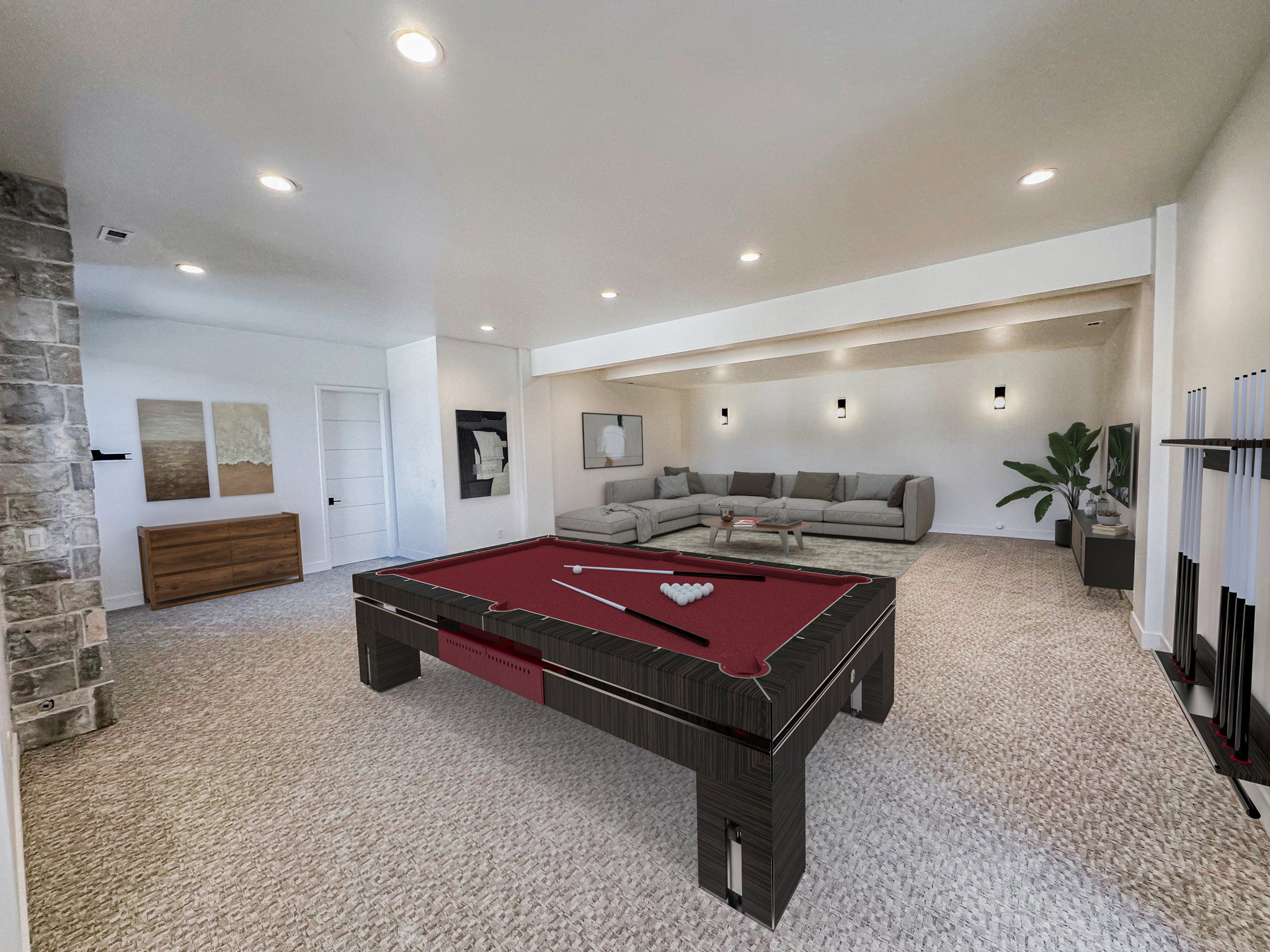 lower level Rec room featuring light colored carpet, pool table, and recessed lighting