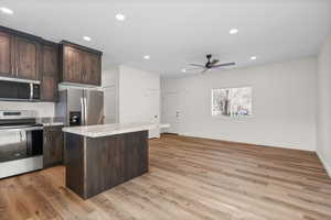 Kitchen featuring dark wood finish cabinets, stainless steel appliances, recessed lighting, ceiling fan, and a kitchen island