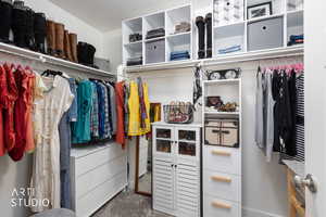 Walk in closet featuring carpet flooring