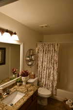 Full bath featuring vanity, shower / tub combo with curtain, and dark tile patterned floors