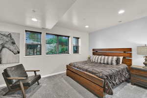 Carpeted bedroom featuring baseboards and recessed lighting