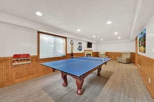 Playroom featuring wooden walls, wainscoting, carpet, a warm lit fireplace, and recessed lighting