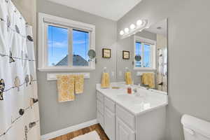 Full bath with vanity, curtained shower, and dark wood-style floors