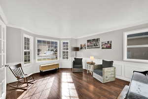Living area featuring wainscoting, a decorative wall, dark wood-type flooring, and ornamental molding
