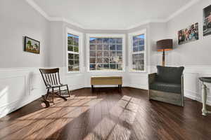 Living area with wainscoting, crown molding, a decorative wall, and dark wood-style flooring
