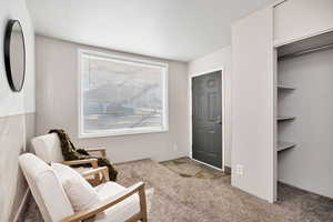 Living area with light carpet