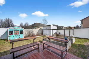 Wooden deck with a fenced backyard, a garden, a residential view, and an outbuilding