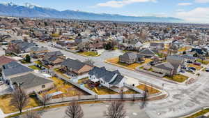 Aerial view of residential area with a mountain backdrop