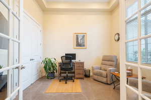 Home office featuring plenty of natural light, carpet floors, a raised ceiling, and french doors