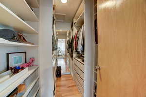 Walk in closet featuring light wood-style flooring