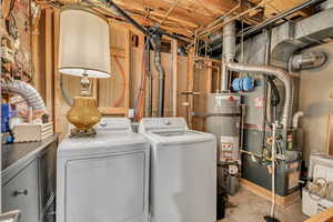 Laundry area with unfinished concrete floors, strapped water heater, washer and clothes dryer, and heating unit