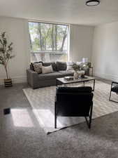 Living room featuring carpet flooring and baseboards