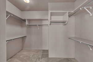 Walk in closet with light colored carpet