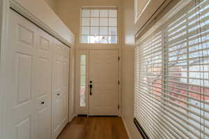 Foyer with dark wood-type flooring and a high ceiling