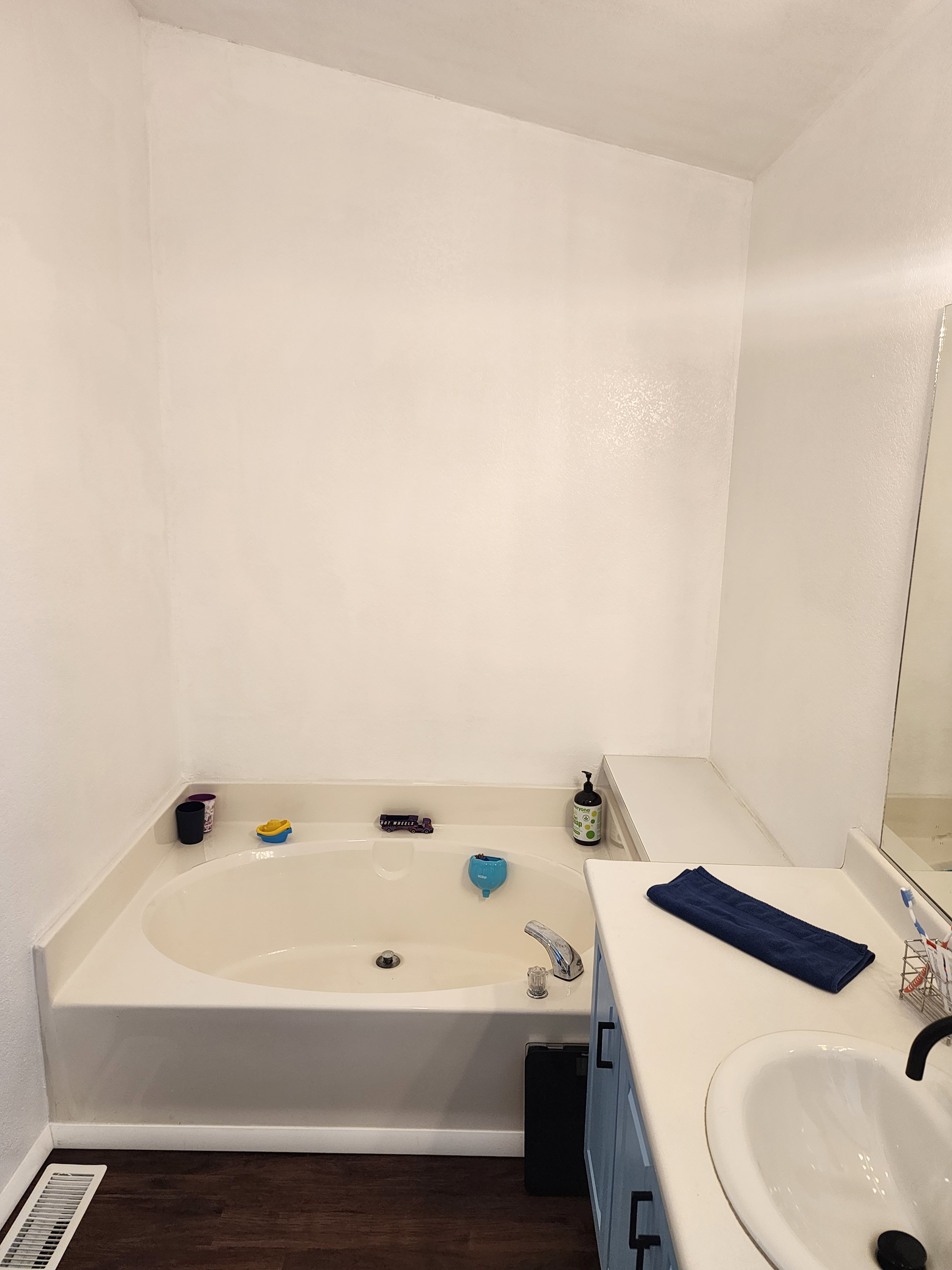 Full bath with vanity, a garden tub, and dark wood finished floors