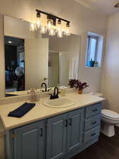Full bathroom with a textured wall, vanity, dark wood-style flooring, and a stall shower