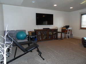 Basement family room with carpet floors and recessed lighting