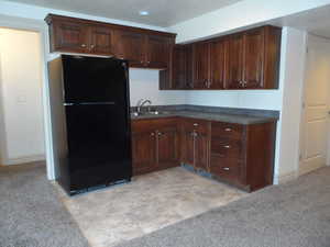 Basement Kitchenette featuring dark countertops, light carpet, freestanding refrigerator, and dark wood finish cabinetry