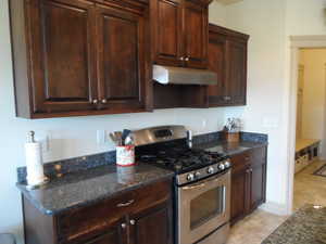 Kitchen with stainless steel range with gas stovetop, dark wood finish cabinets, and dark stone counters