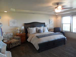 Primary bedroom featuring a raised ceiling, a ceiling fan, and dark carpet