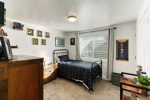 Bedroom with light colored carpet and a textured ceiling