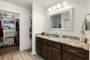 Bathroom featuring vanity, light wood-style flooring, a shower, and a walk in closet