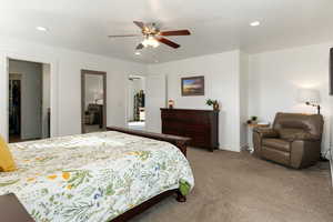 Bedroom featuring carpet flooring, recessed lighting, and a ceiling fan