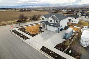 Aerial view of residential area with a mountainous background