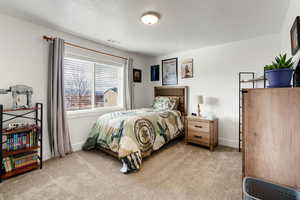 Bedroom featuring baseboards and light carpet
