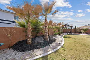 Fenced backyard with a patio area