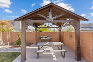 Fenced backyard featuring a patio area, outdoor dining space, and grilling area