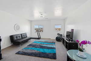 Living room with light colored carpet and a textured ceiling
