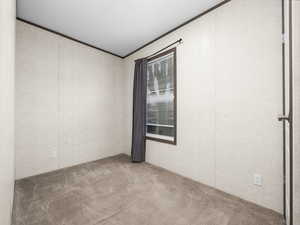 Unfurnished room featuring light colored carpet and ornamental molding