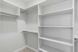 Walk in closet featuring light carpet