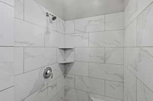 Bathroom view of a tile shower