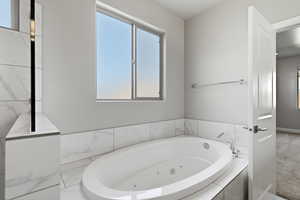 Full bath with a whirlpool tub, healthy amount of natural light, and light carpet
