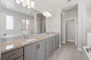 Full bath with double vanity and a walk in shower