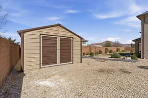 View of shed with a fenced backyard