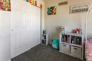 Rec room with dark colored carpet and baseboards