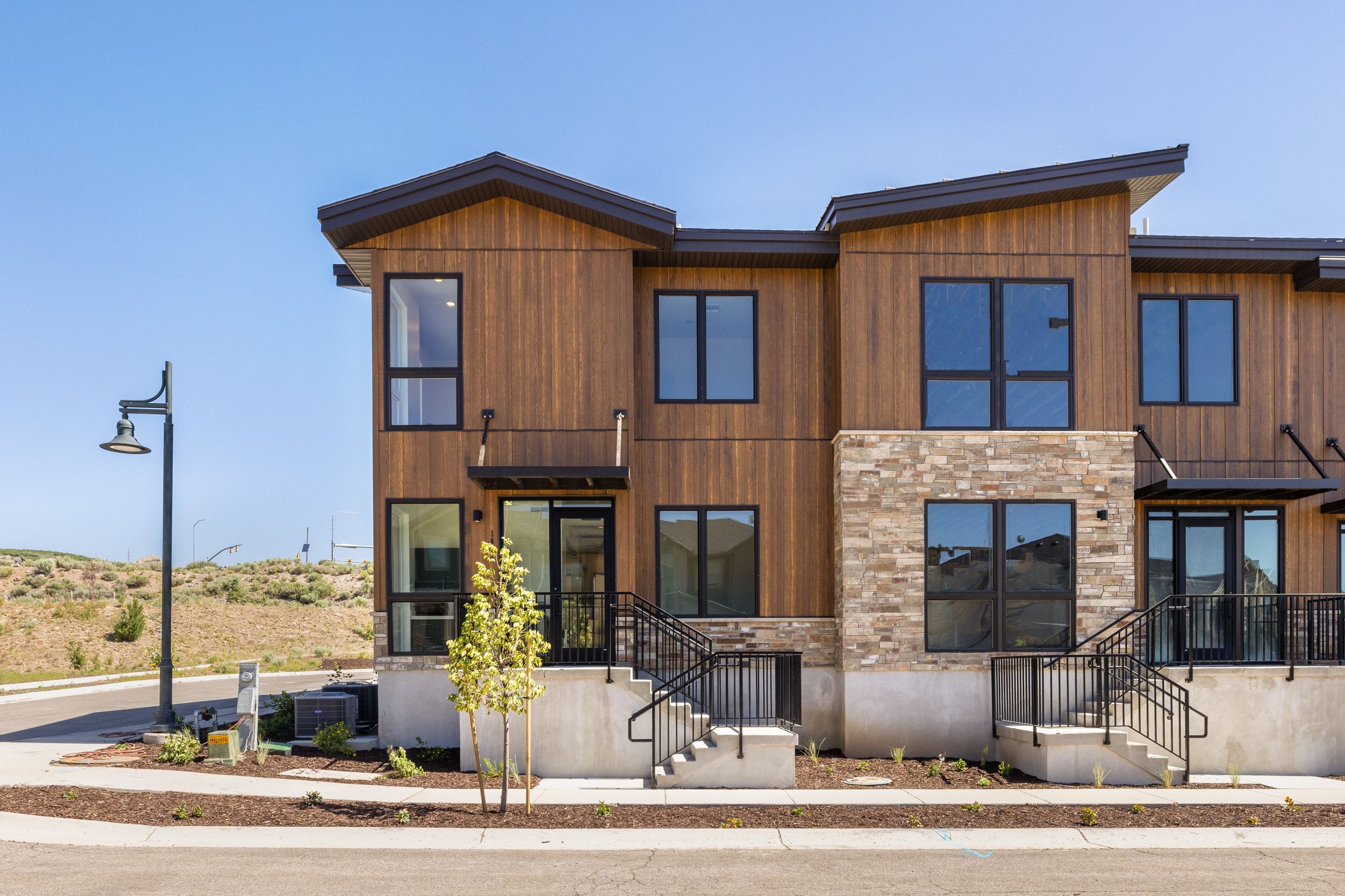 Modern home with stone siding