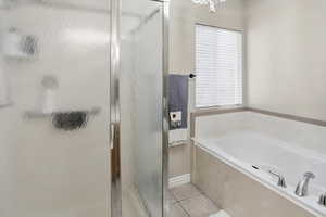 Full bathroom with a stall shower, a bath, and light tile patterned floors