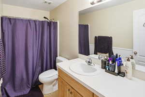 Full bathroom with vanity and a shower with curtain