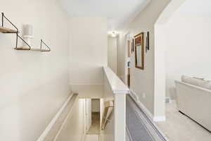 Staircase featuring carpet flooring