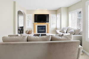 Living room featuring a tiled fireplace, plenty of natural light, arched walkways, and carpet flooring