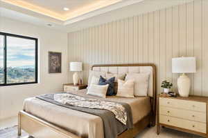 Bedroom featuring carpet flooring, wooden walls, and recessed lighting