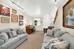 Carpeted living area featuring rail lighting and ornamental molding