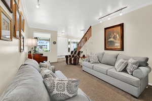 Living area with rail lighting, carpet, and ornamental molding