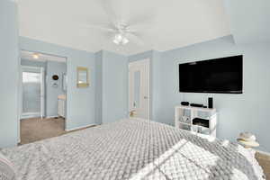 Bedroom with carpet and ceiling fan